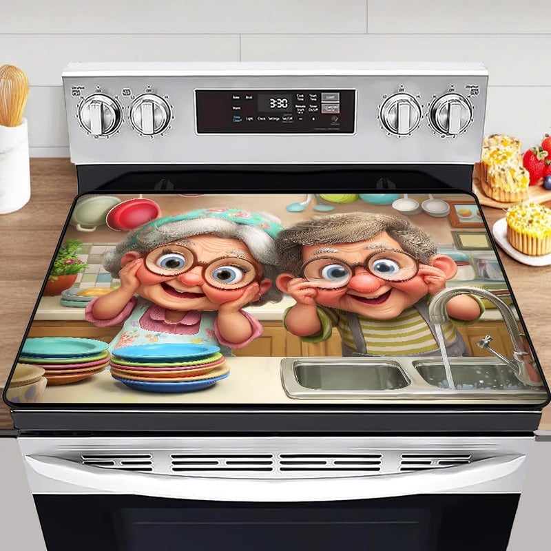 WRTCPOC Cute Grandpa and Grandma Stove Top Cover for Electric Stove,Funny Old Couple Glass Top Stove Cover Protector,Old Lady Glass Cooktop Covers Kitchen Flat Electric Stove Top Covers - Image 1